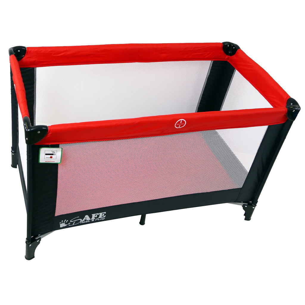 iSafe Rest & Play Luxury Travel Cot/Playpen - Warm Red (Black/Red) 120 cm x 60 cm Complete With Mattress - Baby Travel UK
 - 4