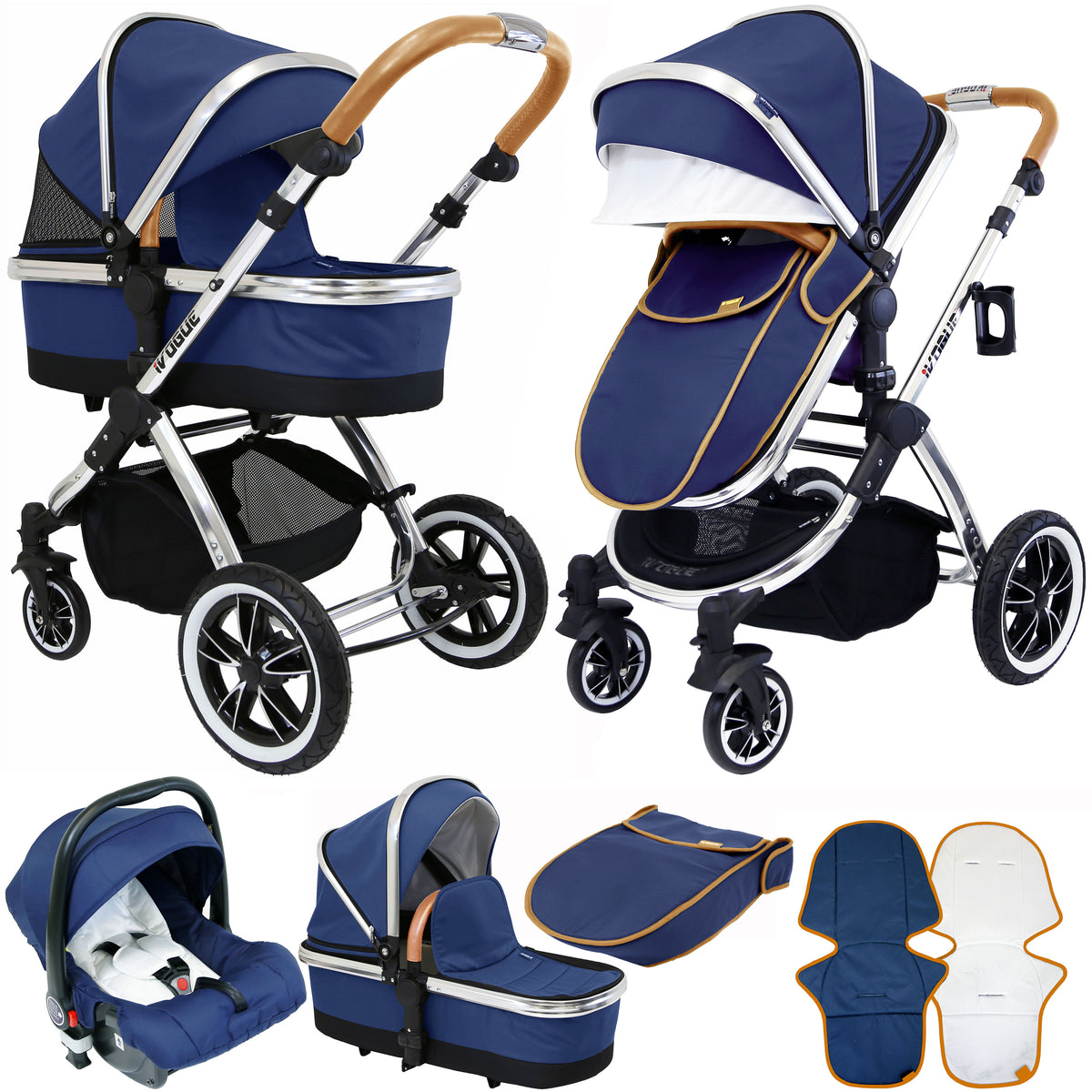 iVogue Royal Blue 3in1 Pram Stroller Travel System Car Seat Included